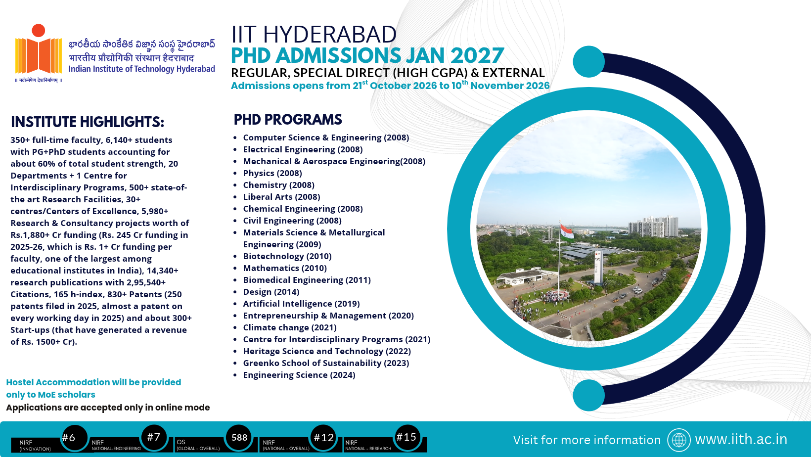 PhD Admissions (Regular - January 2027) | Applications are open from 21 October to 10 November 2026 for the January 2027 PhD admissions.